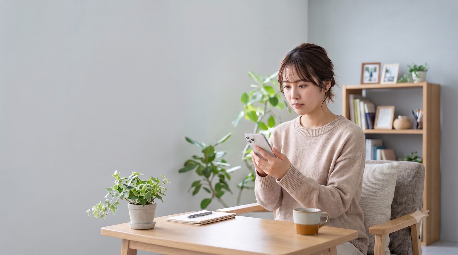 ご自宅からスマートフォンでオンライン診療を受ける女性